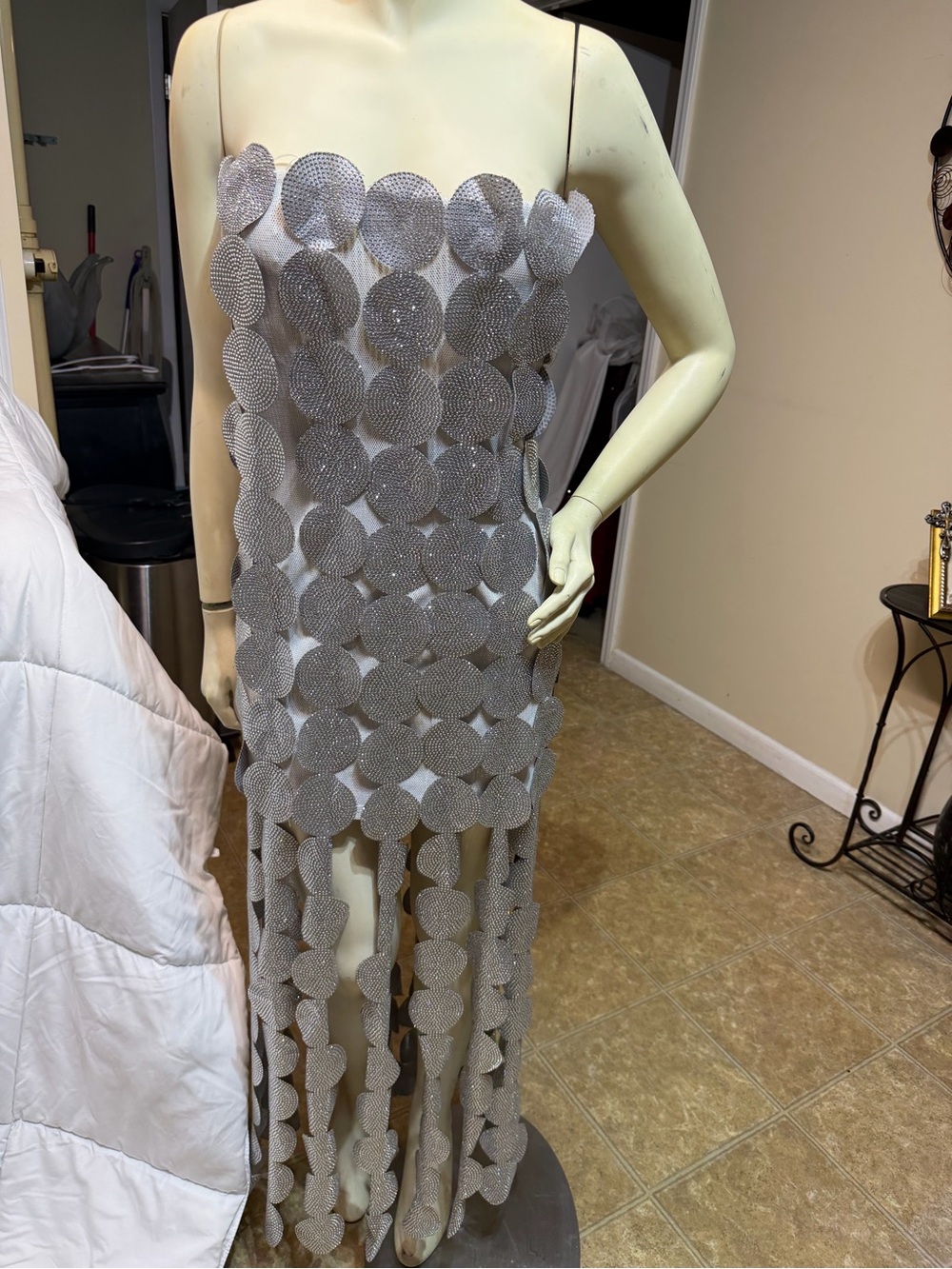 AKIRA Silver Sequin Circle Fringe Maxi Dress